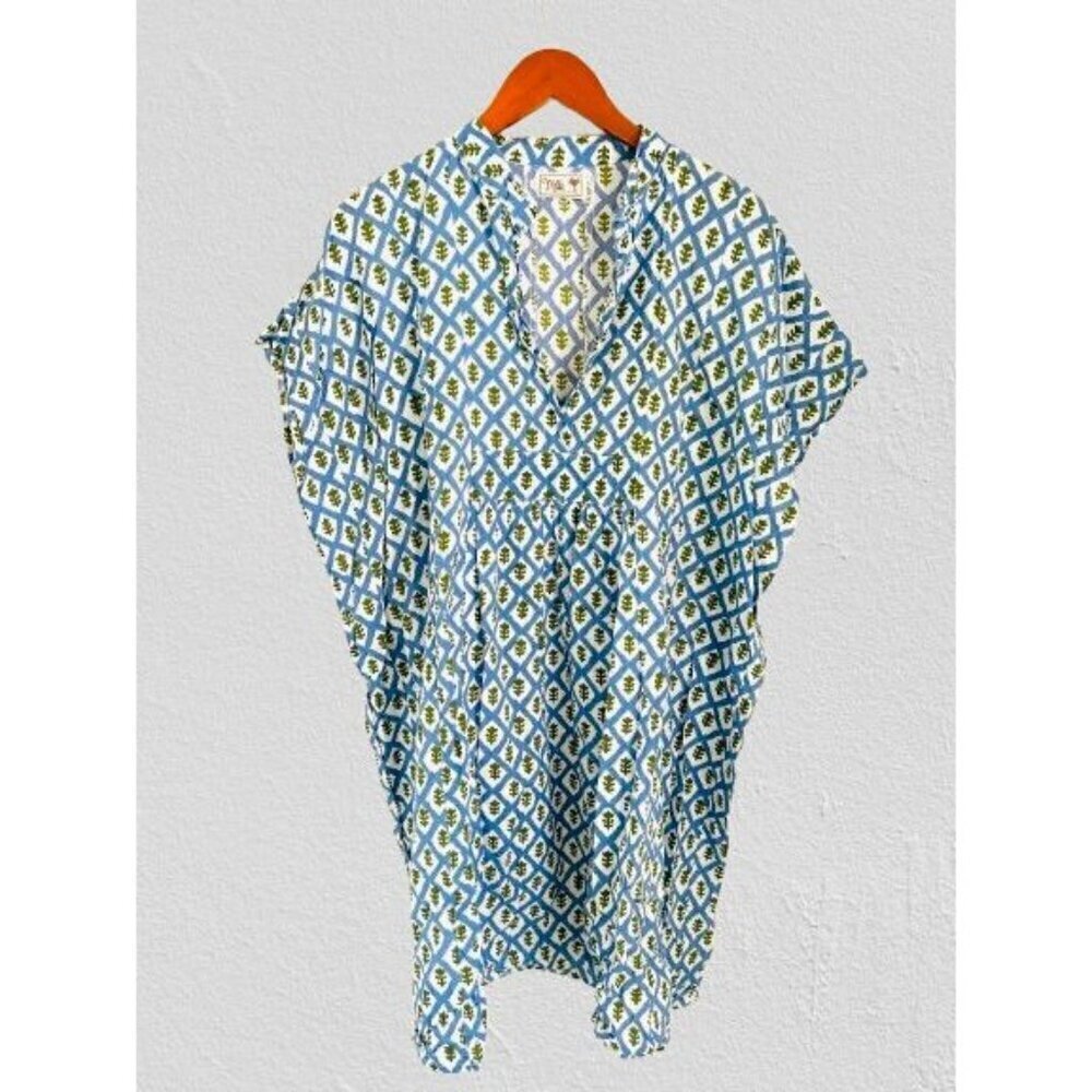 MILLE Resort & Travel Dres Caftan Stile Tunic Cotton Blue Brown Size Large